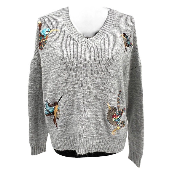 Elia-Cher Grey V Neck Knitted Embroidered Bird Sweater S/M - Picture 1 of 5